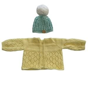Baby Girl Handmade -2 Pieces, Crochet, Pastel Green, Butter Yellow Cardigan, Hat